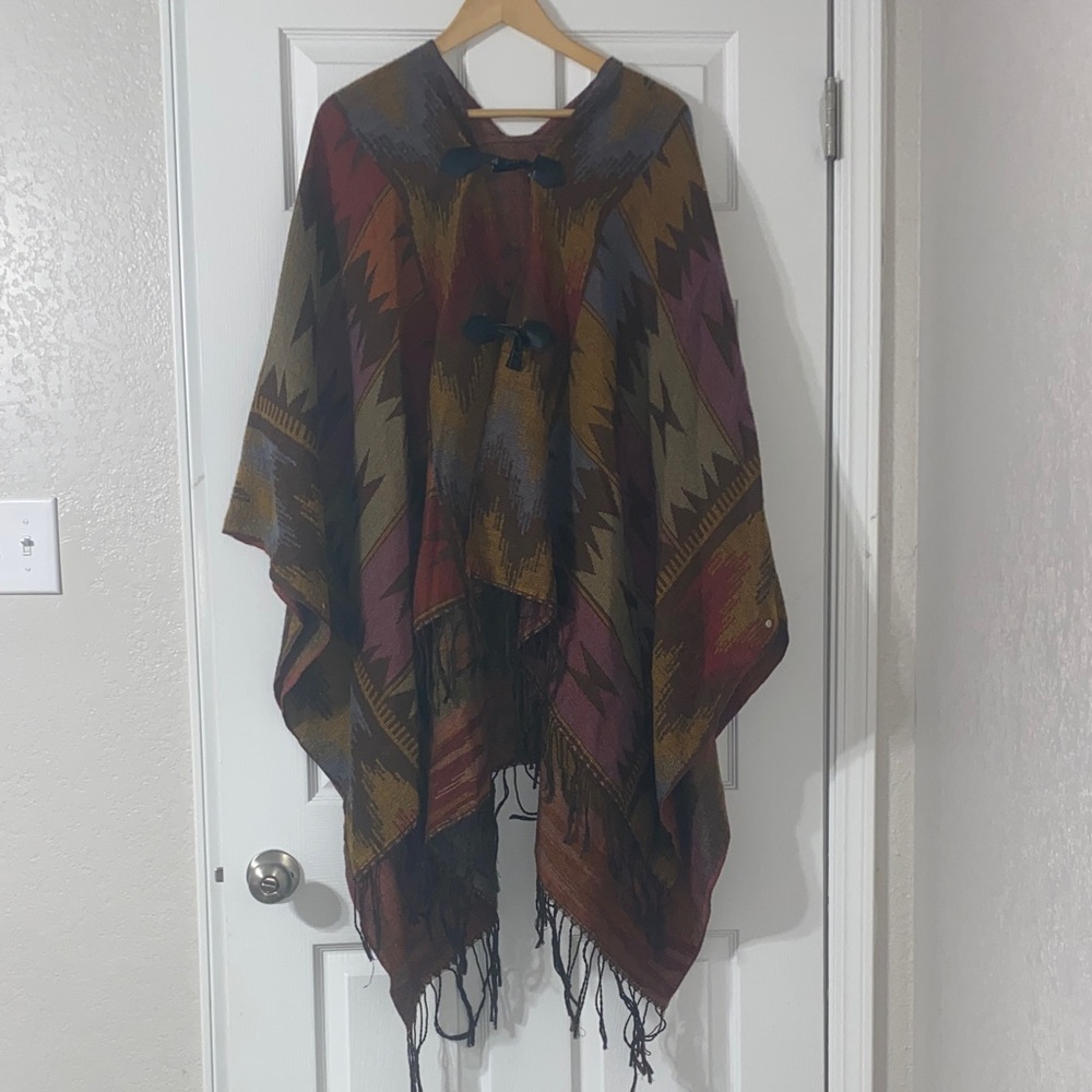 Vintage Colorful Western Patterned Poncho with Fringe - Picture 2 of 5